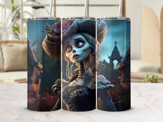 Skeleton woman in gothic dress and hat on a tombstone background.