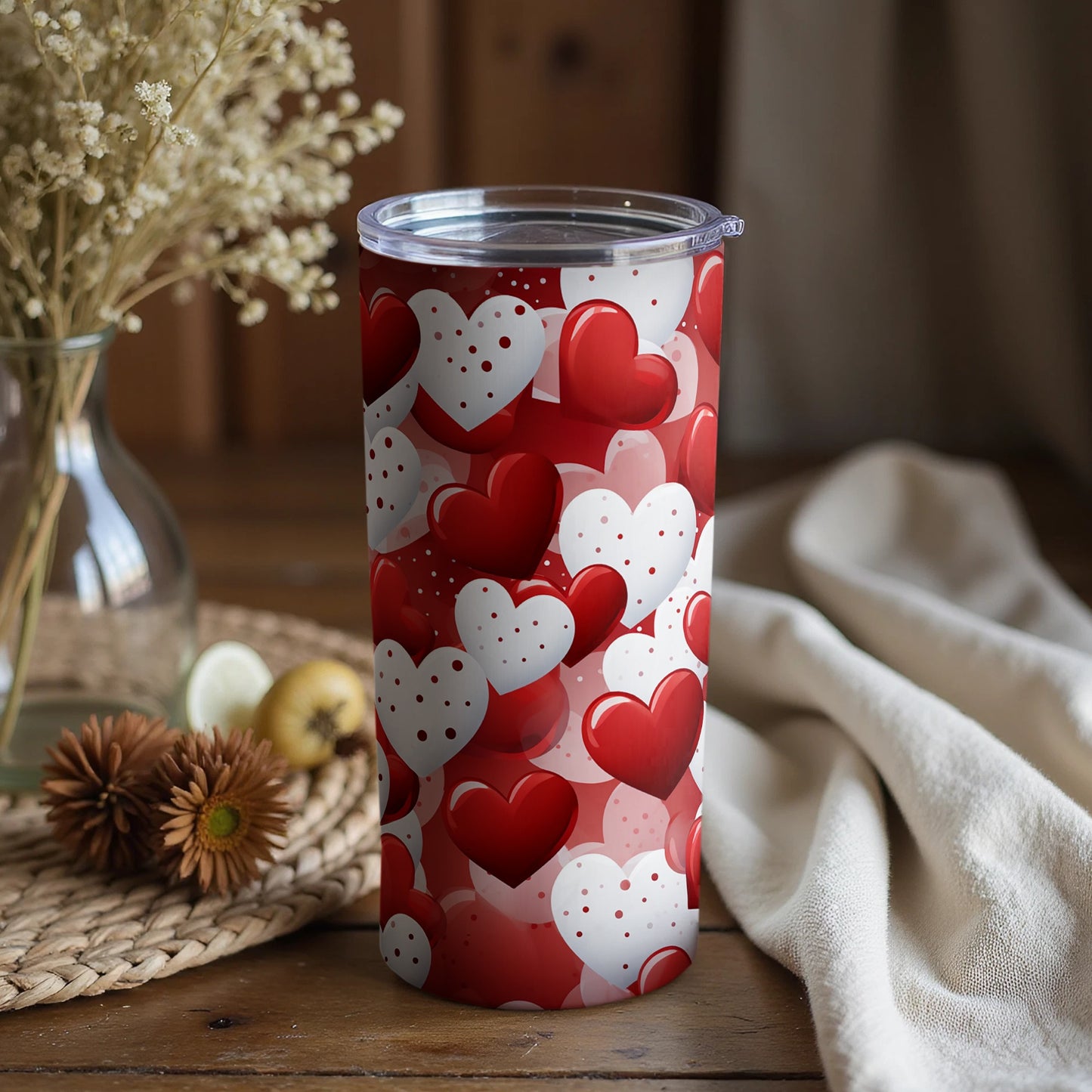 Red and White Heart Pattern Tumbler Valentine's Day