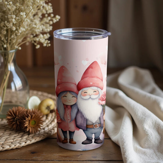 Cute Gnome Couple with Heart Flowers Tumbler Cup