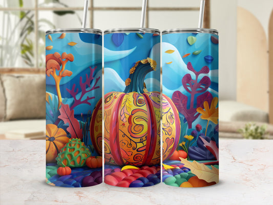 Three tumblers with a vibrant, patterned pumpkin and autumn foliage design.