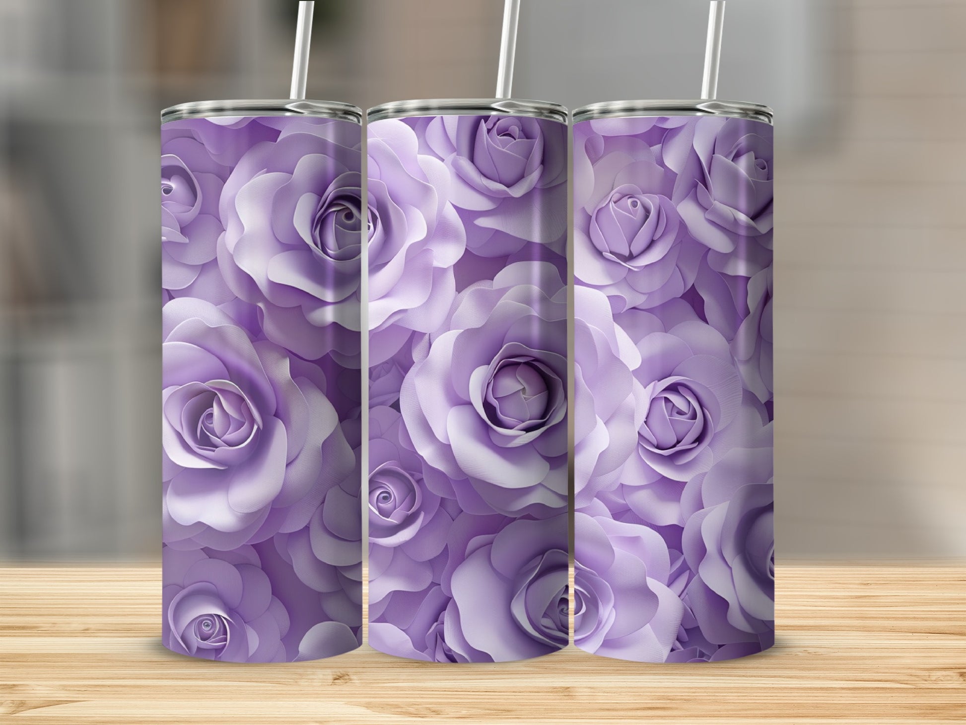 Three tumblers with a repeating pattern of light purple roses.