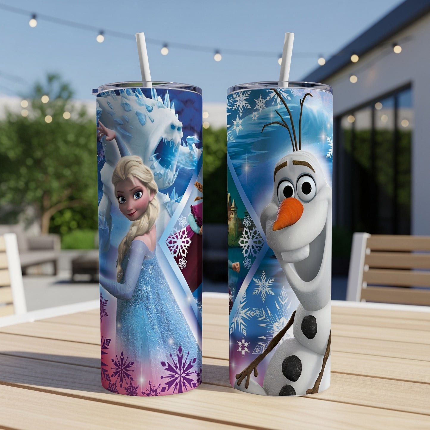 Olaf and Elsa from Frozen on two insulated tumblers with straws, outdoor background.