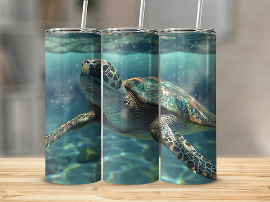Sea turtle swims in clear blue water with sunlight filtering through.