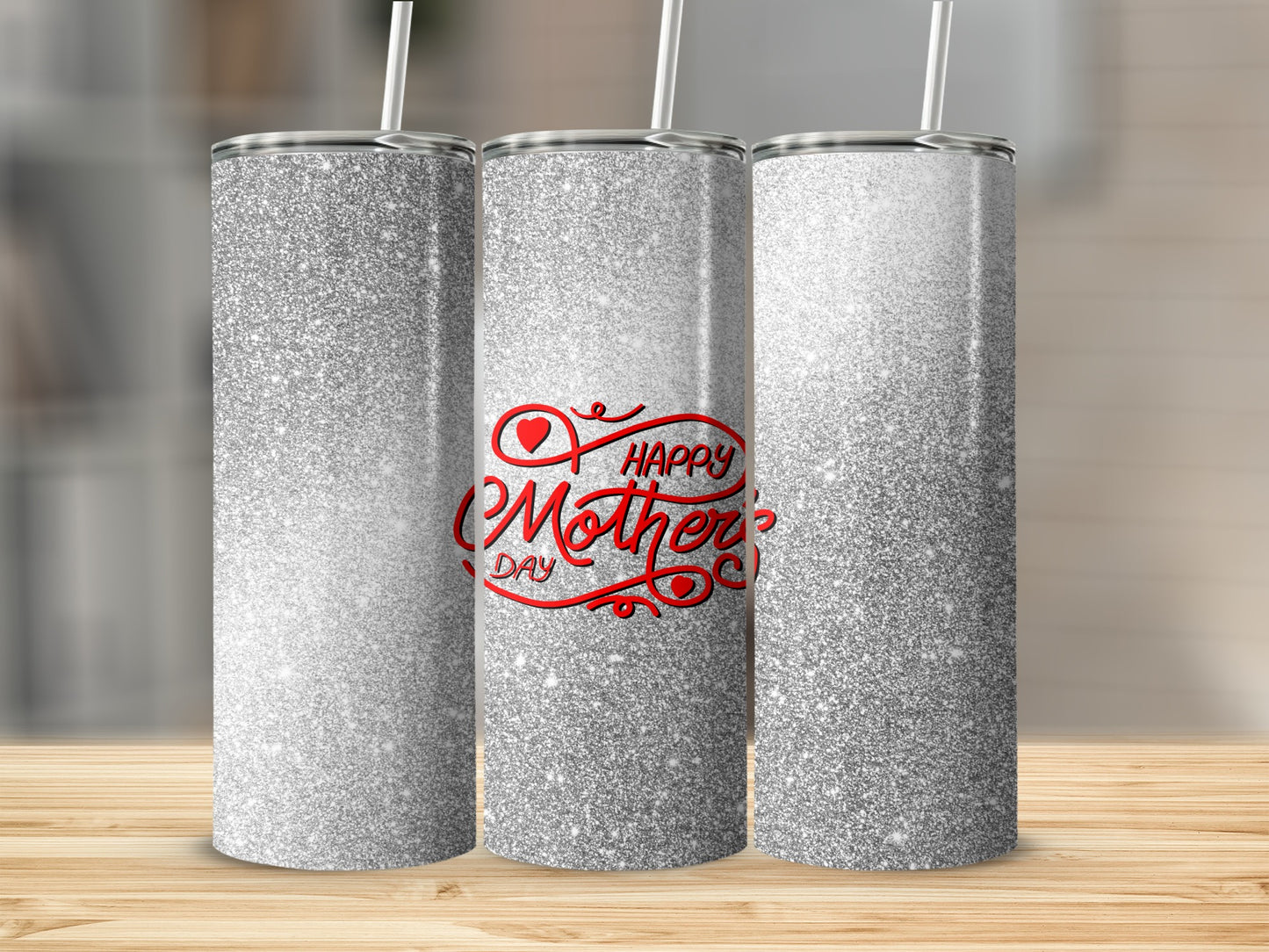 Glittery tumbler with "Happy Mother's Day" text.