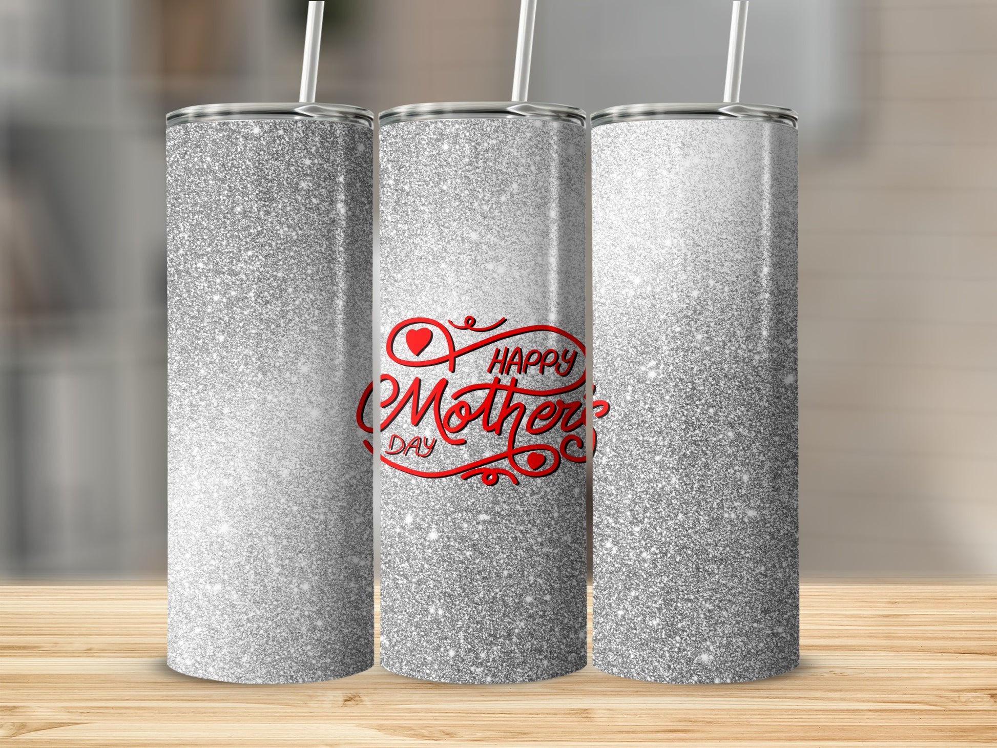 Glittery tumbler with "Happy Mother's Day" text.