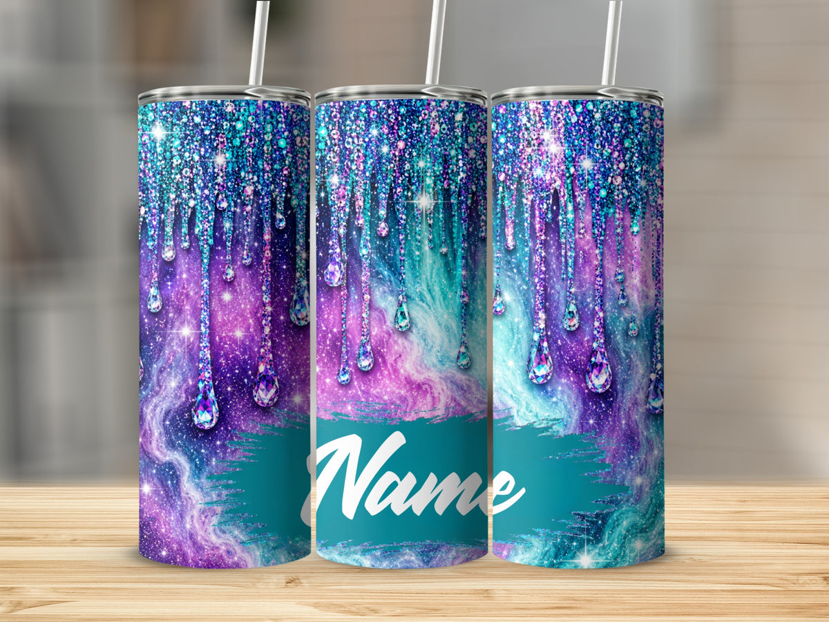 Three tumblers with dripping glitter and gem design, one says "Name".