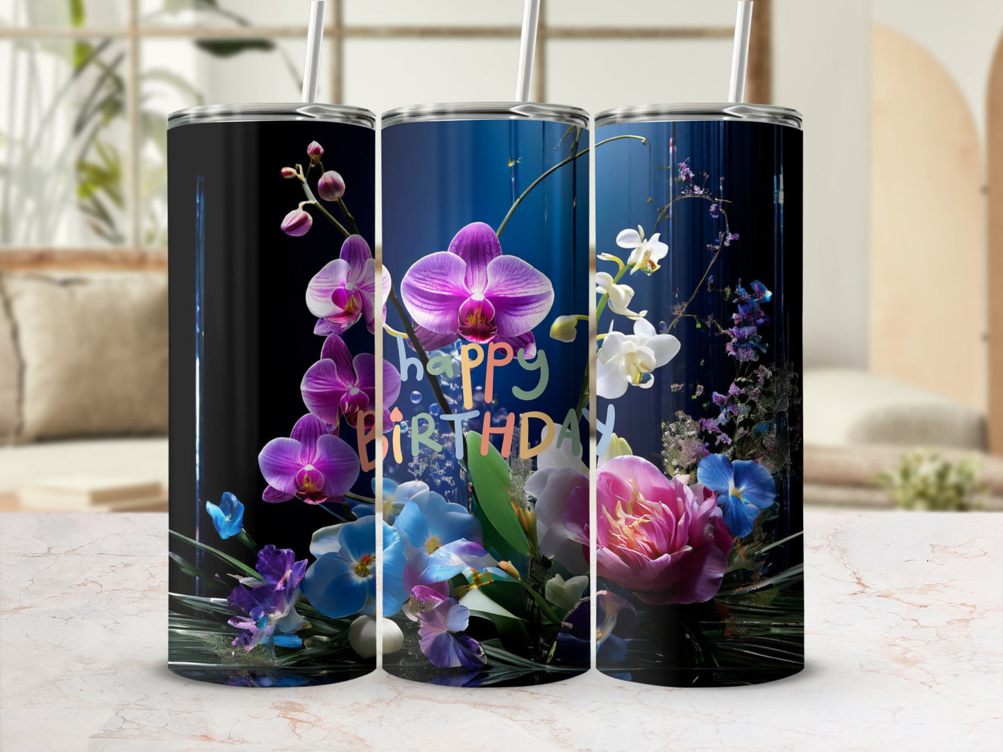 Three tumblers with floral designs and "Happy Birthday" text.