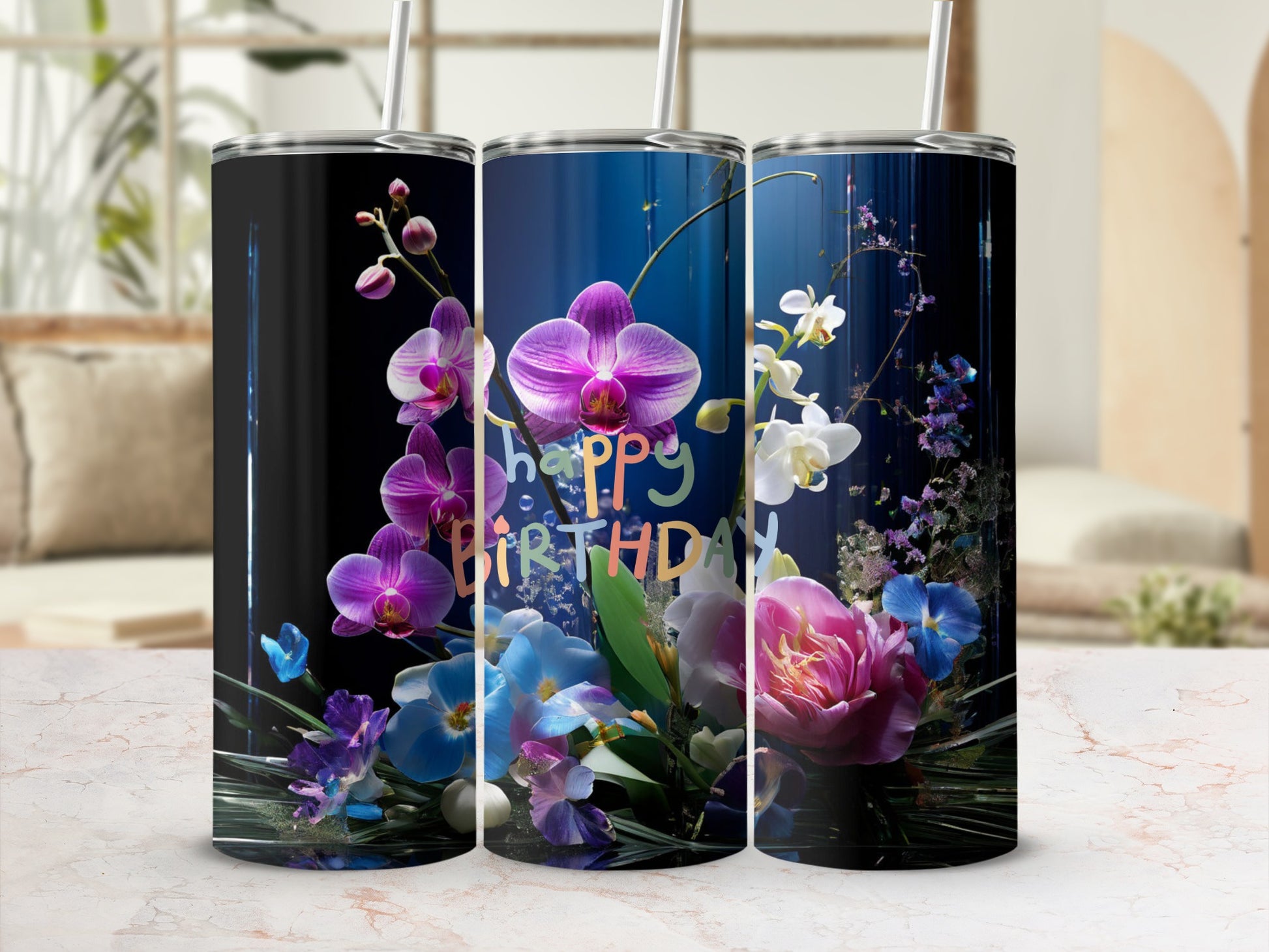 Three tumblers with floral designs and "Happy Birthday" text.