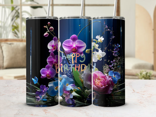 Three tumblers with floral designs and "Happy Birthday" text.