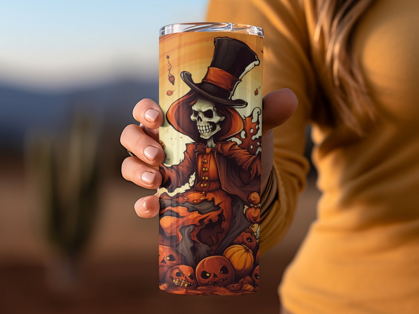 Halloween Skeleton Top Hat Tumbler with Pumpkins Design