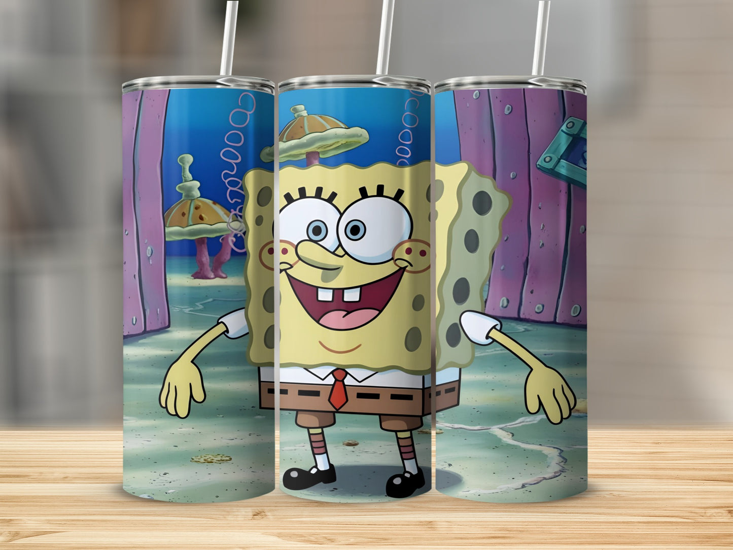 SpongeBob SquarePants character on a tumbler with a wooden surface background.