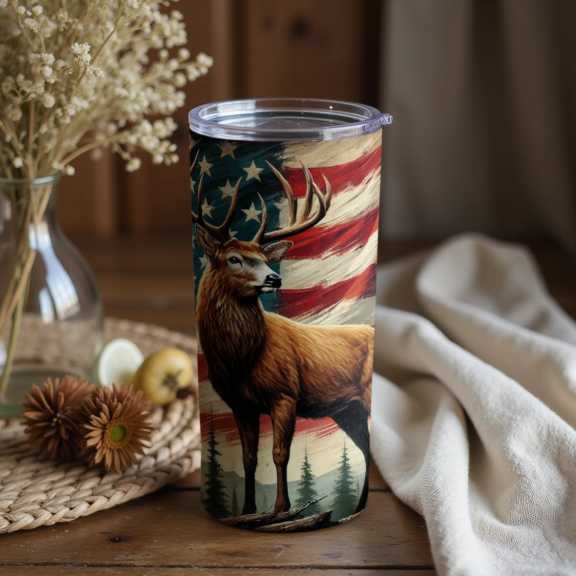 Majestic Deer with American Flag Design Tumbler
