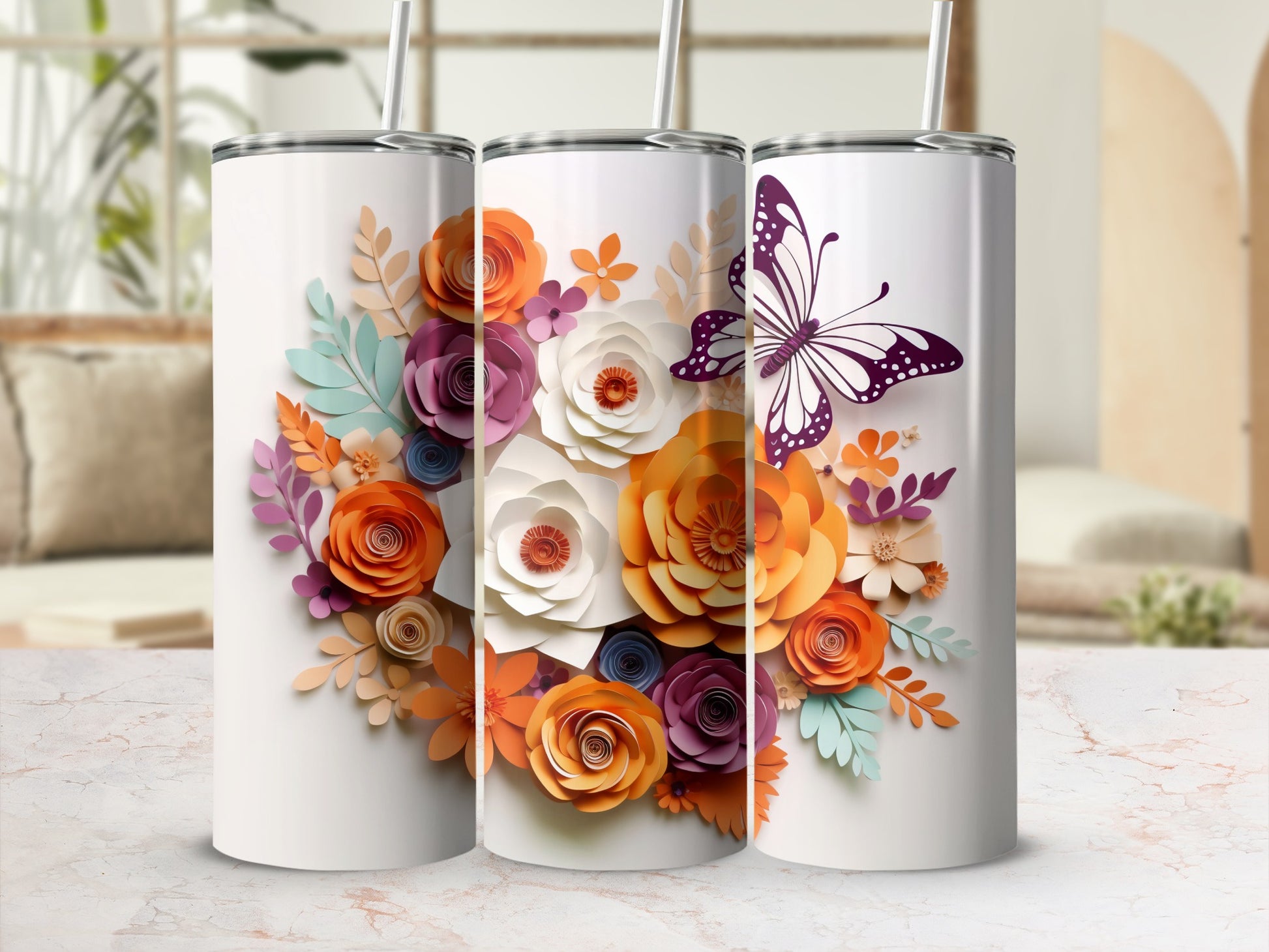 Vibrant Floral and Butterfly Design Tumbler Cup