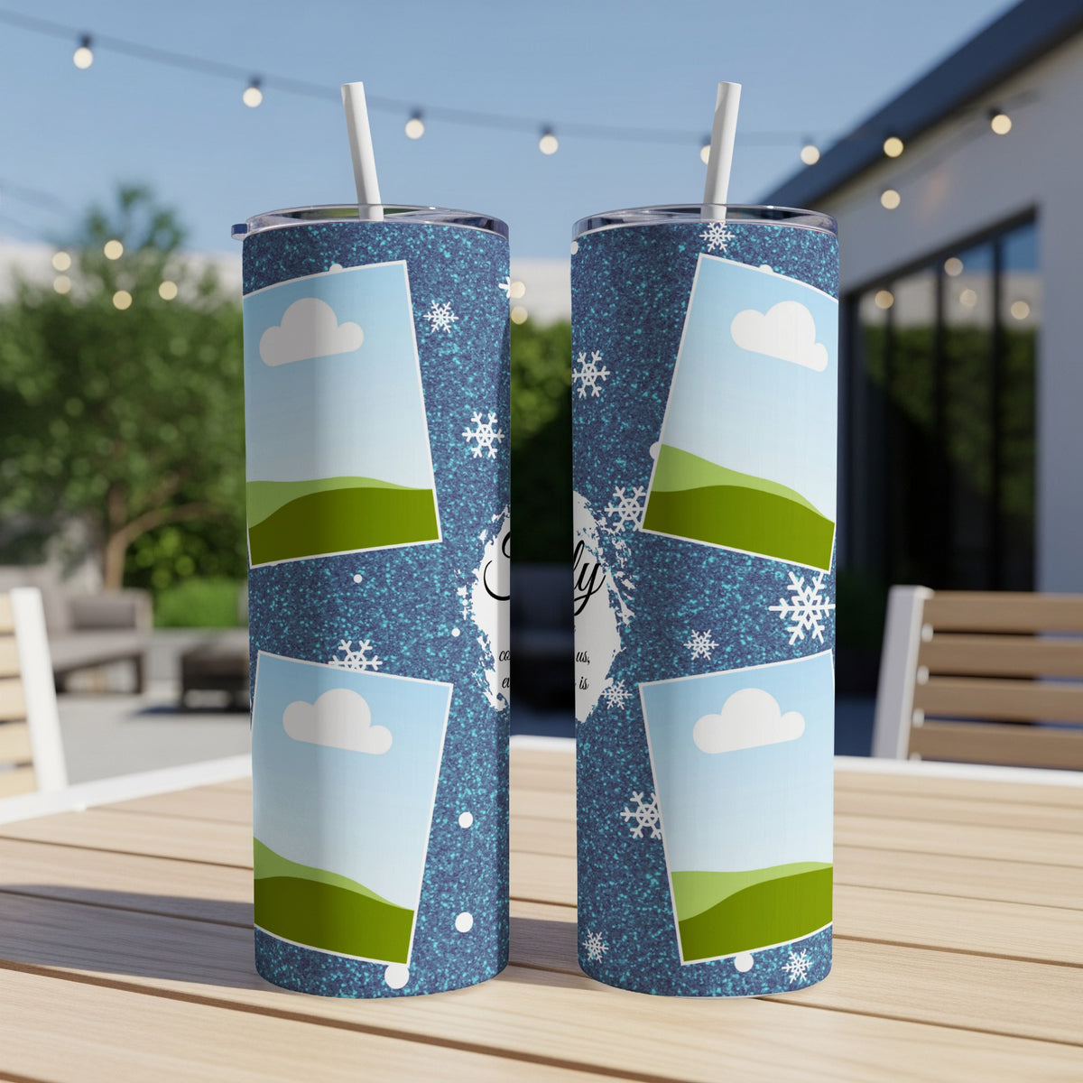 Blue glitter tumblers with clouds, snowflakes, and landscape photo frames.