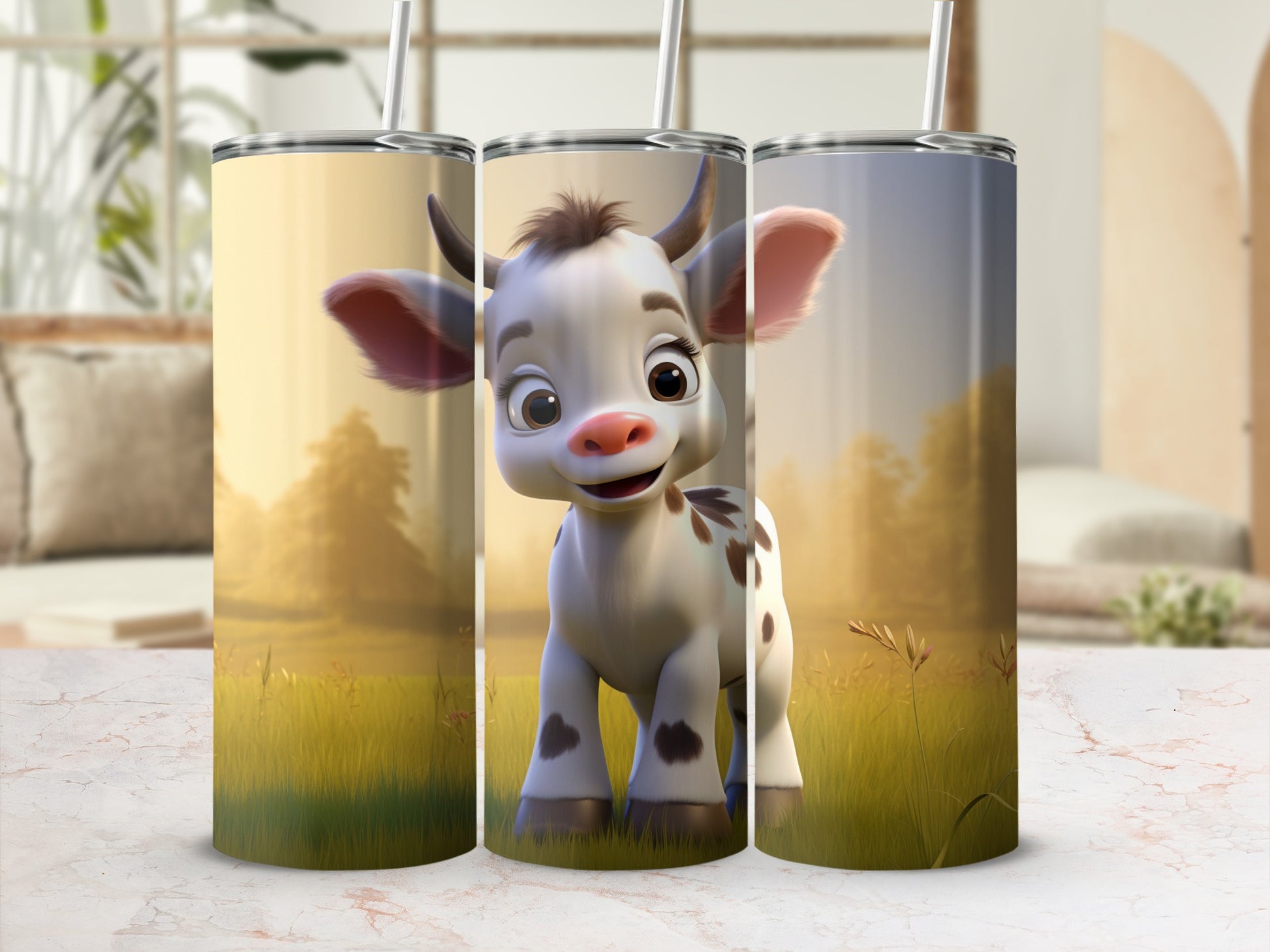 Cute Baby Cow Design Tumbler Cup with Straw Tumbler