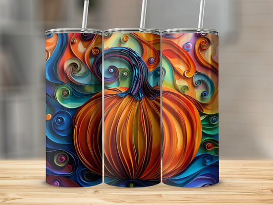 Three tumblers with a swirling, colorful pumpkin design.