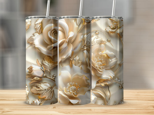 Three tall tumblers with gold rose and floral embossed design.