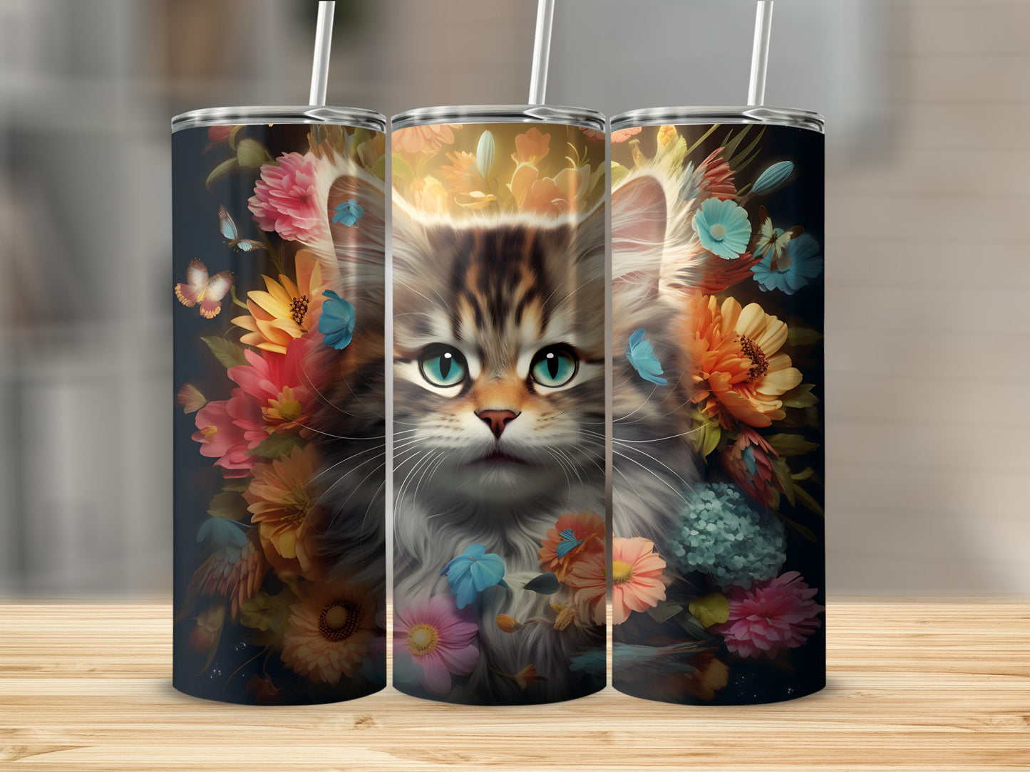 Tabby cat with blue eyes surrounded by colorful flowers and butterflies.