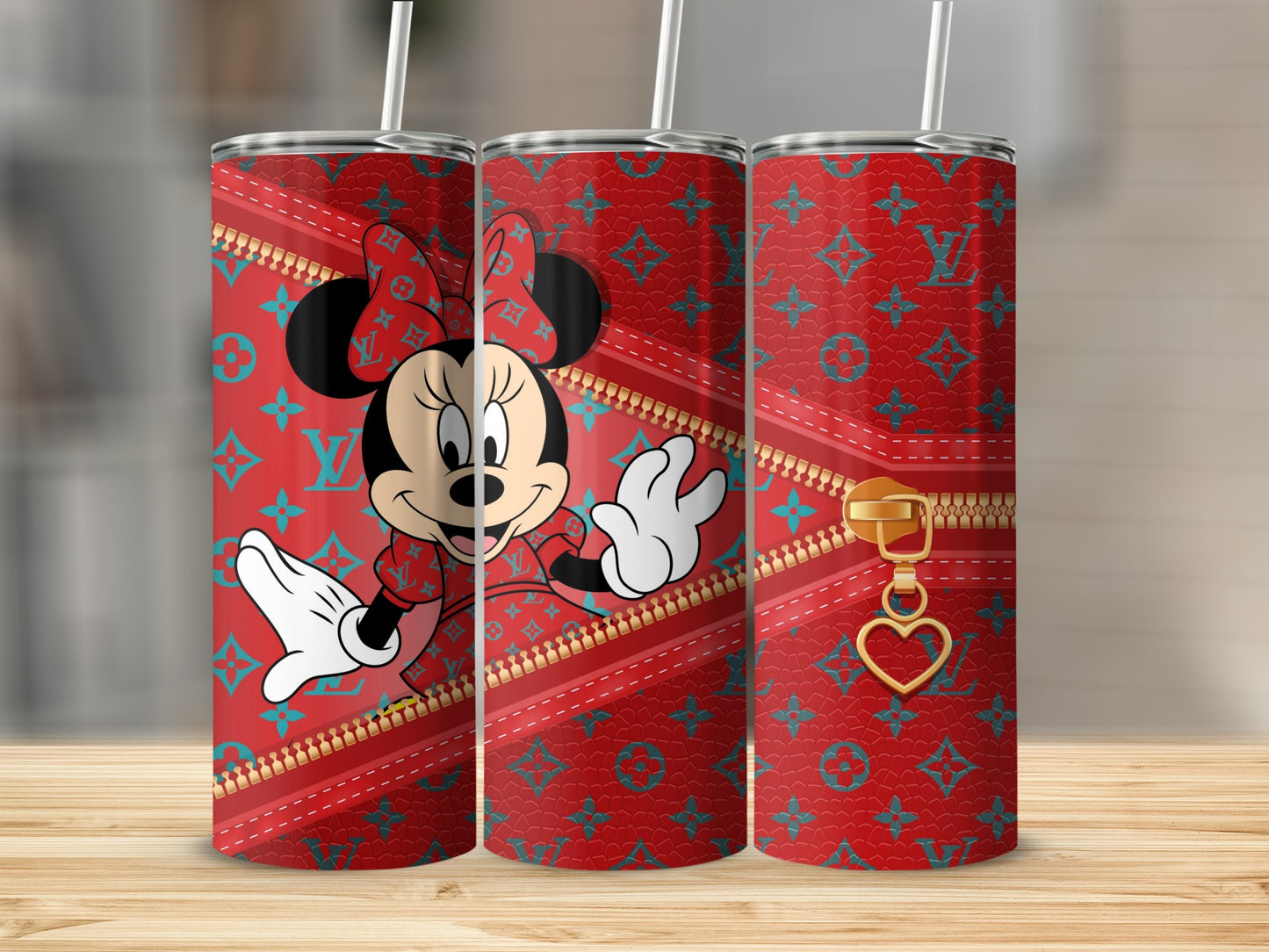 Minnie Mouse on red and teal zipper pattern tumbler.