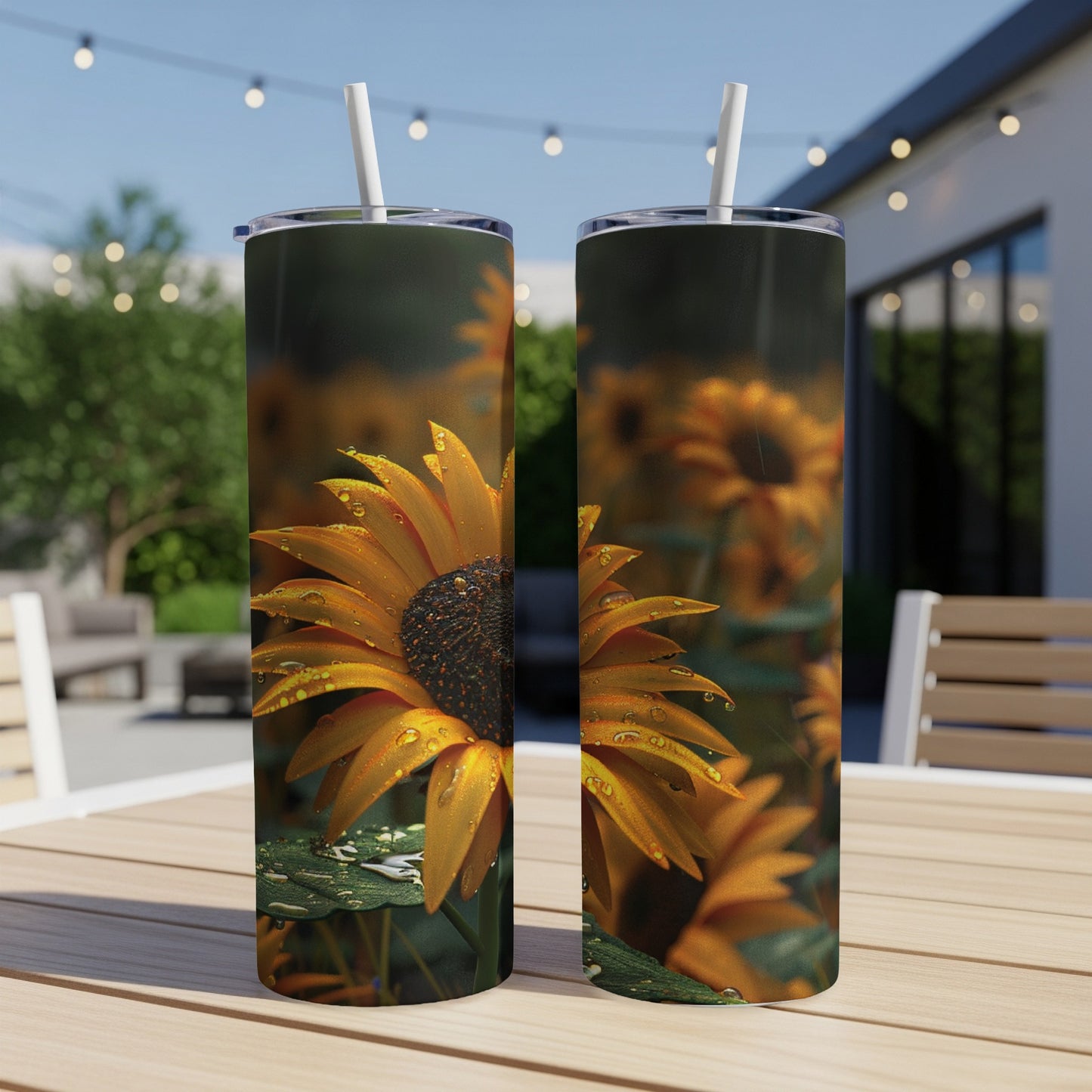 Two tall tumblers featuring a close-up of a sunflower with water droplets.