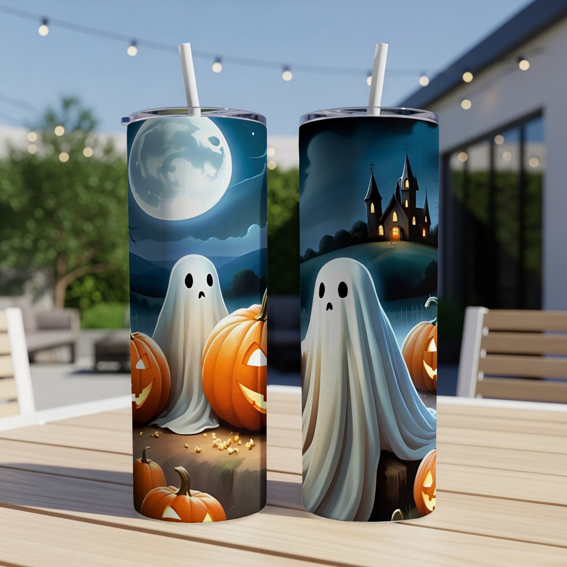 Two tumblers with Halloween designs: ghosts, pumpkins, and haunted castle under a moon.