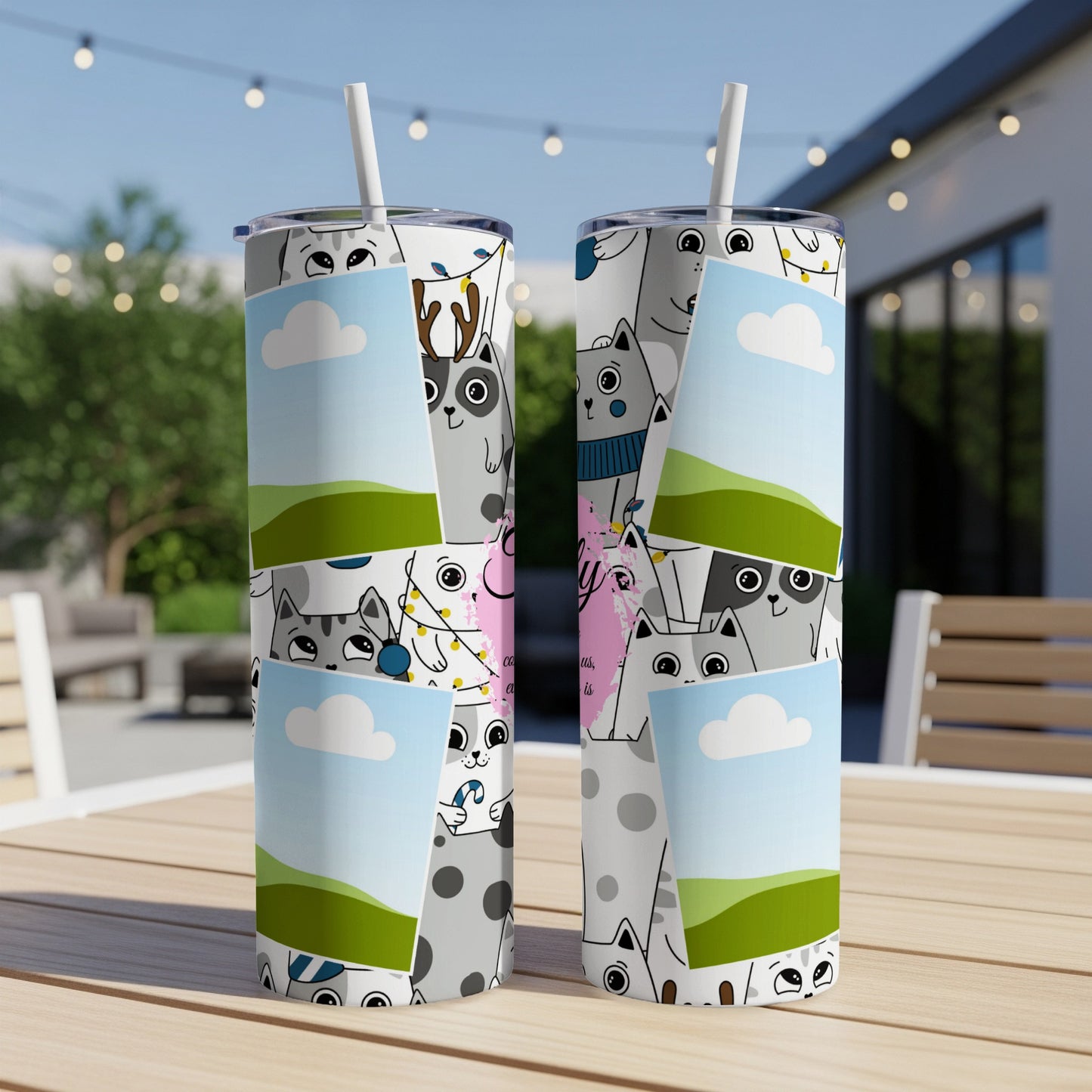 Two tumblers with a collage of cartoon cats and landscape elements.