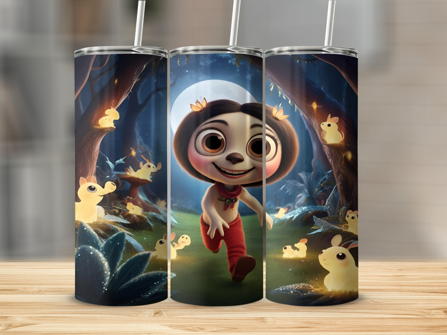 Animated character running through a magical forest with glowing creatures.