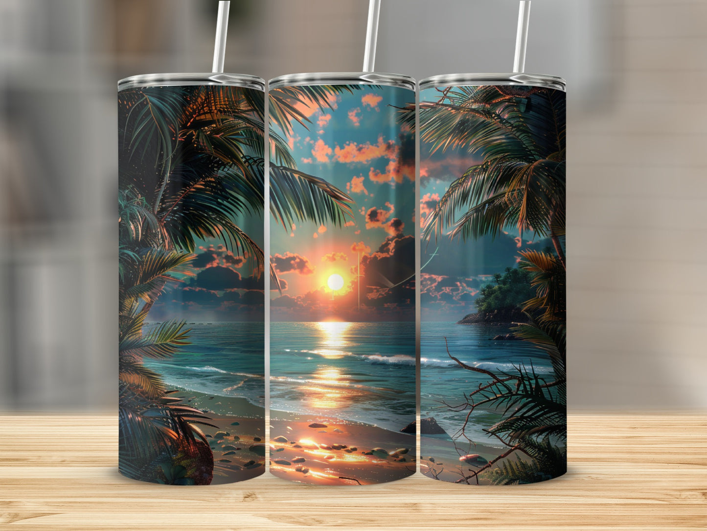 Three tumblers with a sunset beach scene and palm trees.