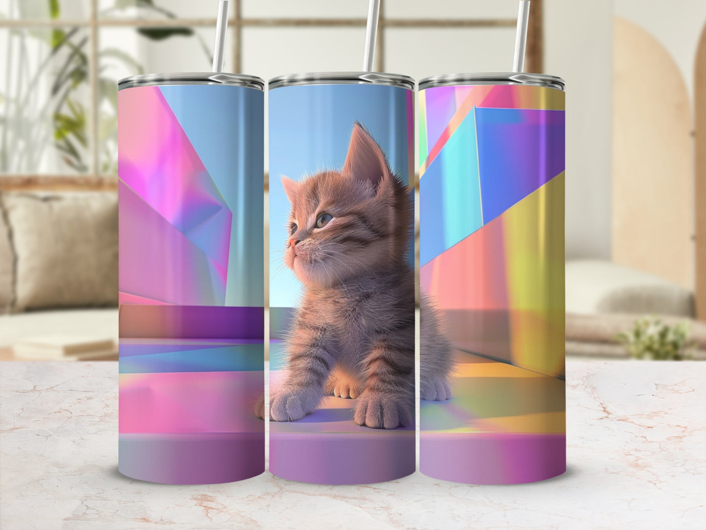 Kitten sitting on iridescent pastel background on three tumblers.