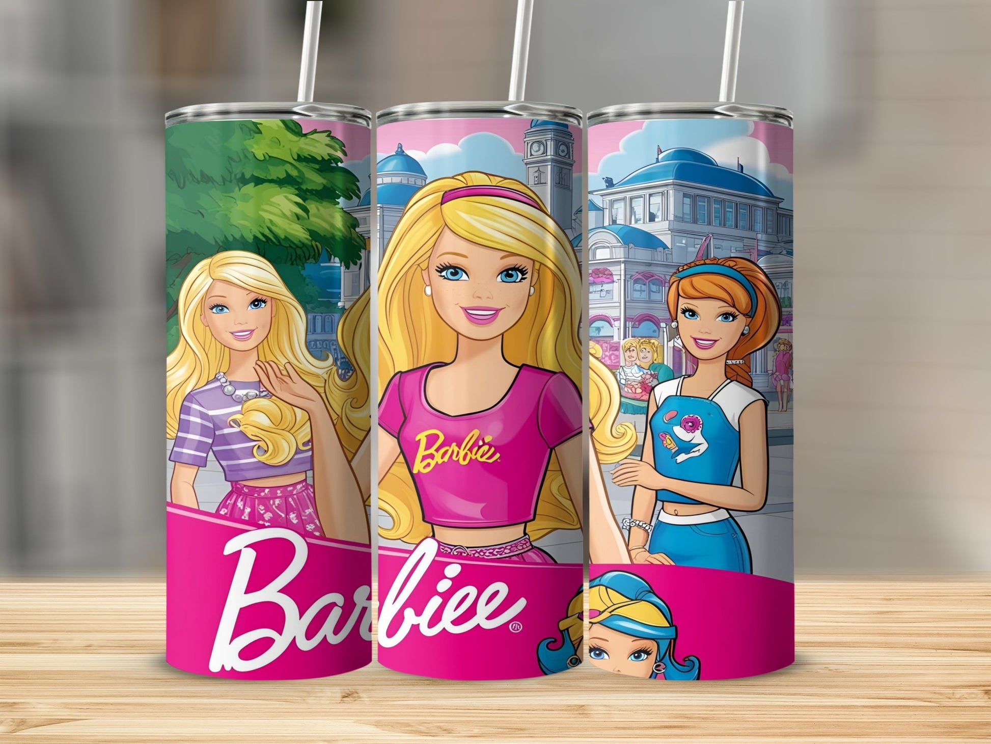 Barbie tumbler with cartoon characters and city background.