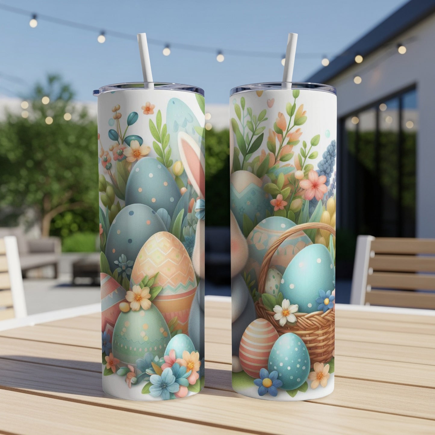 Easter eggs and flowers on a tumbler with a bunny ear peeking over.