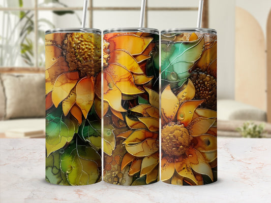 Three tumblers with a vibrant watercolor sunflower design.