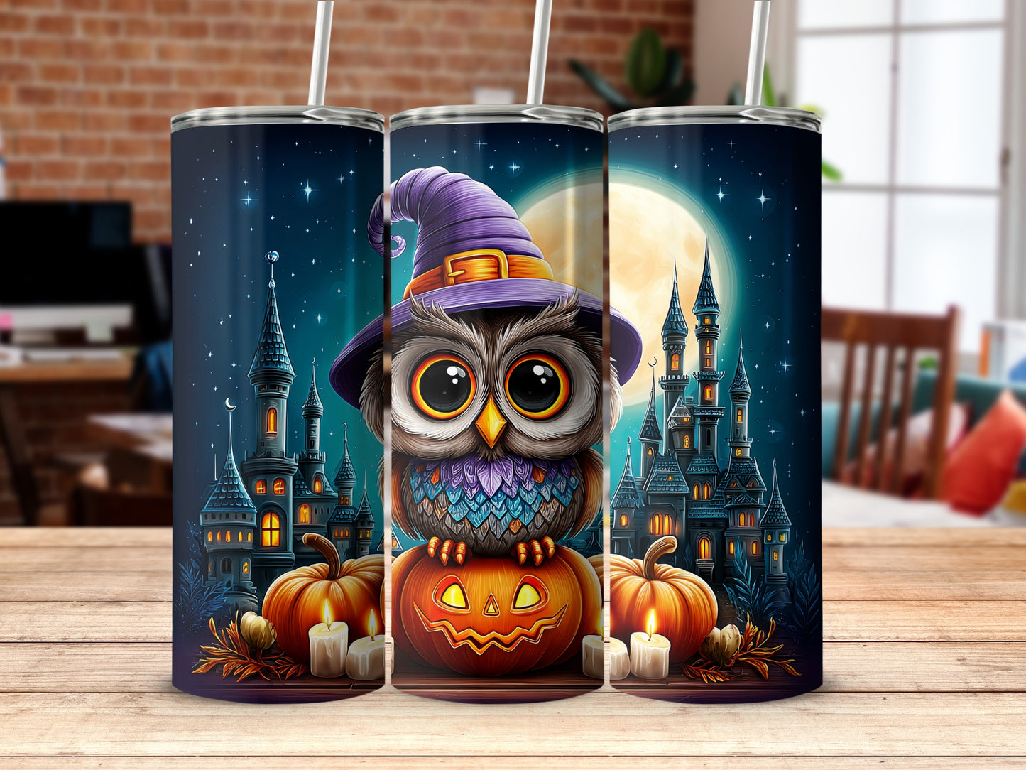 Halloween Owl Witch Castle Pumpkin Tumbler Cup
