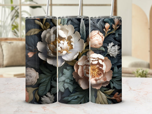 Three tumblers featuring a dark floral pattern with white and peach peonies.