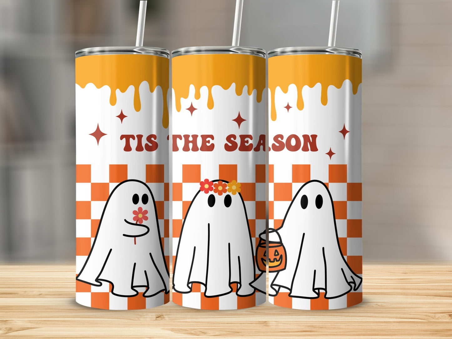 Three tumblers with a Halloween theme featuring ghosts, orange checkerboard, and "Tis the Season" text.