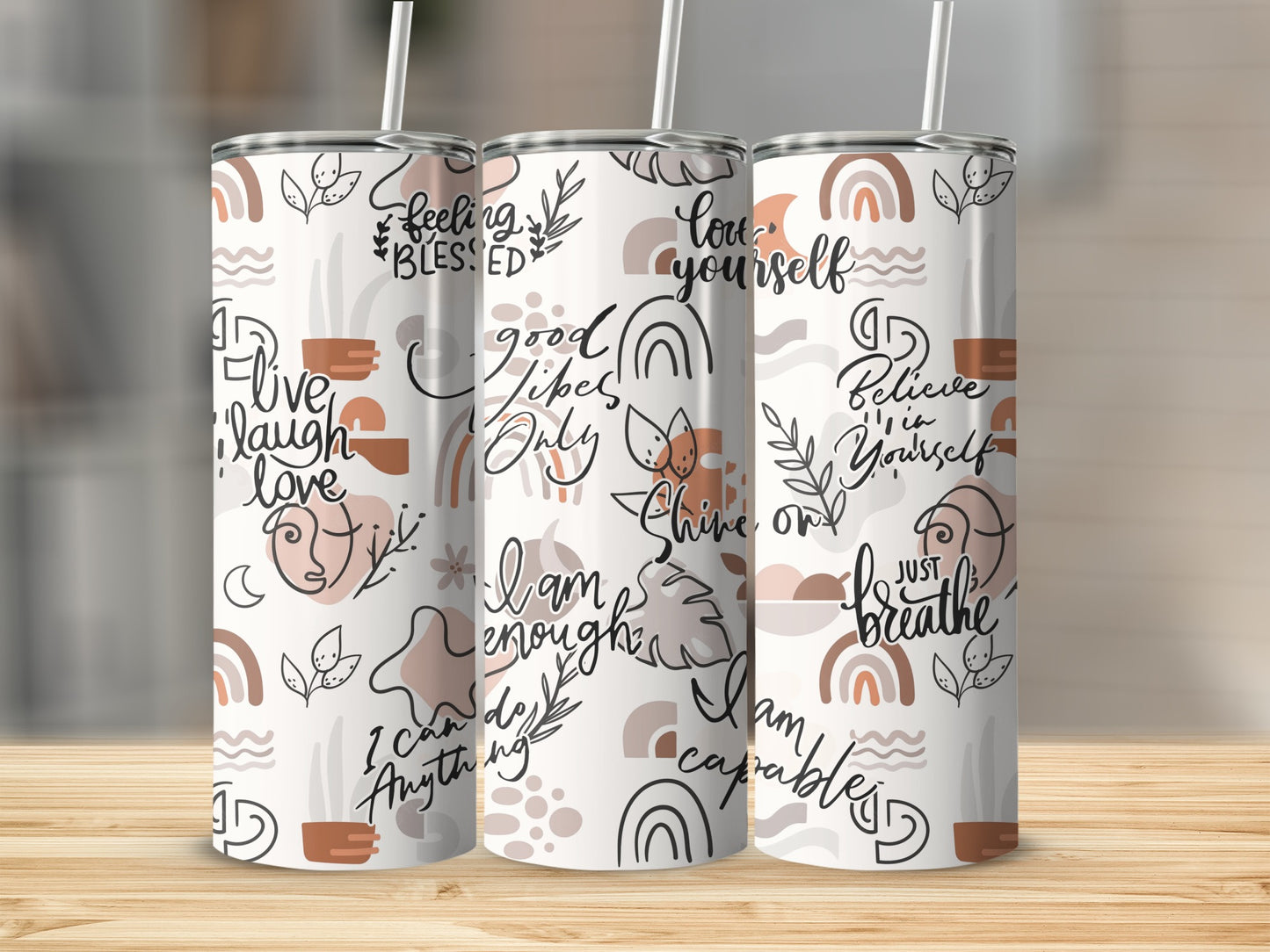 Motivational Quotes and Floral Design Tumbler Set