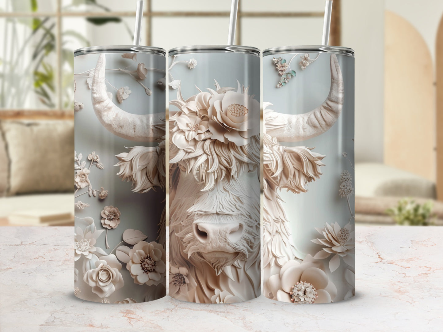 3D embossed Highland cow with floral accents on a marble surface.