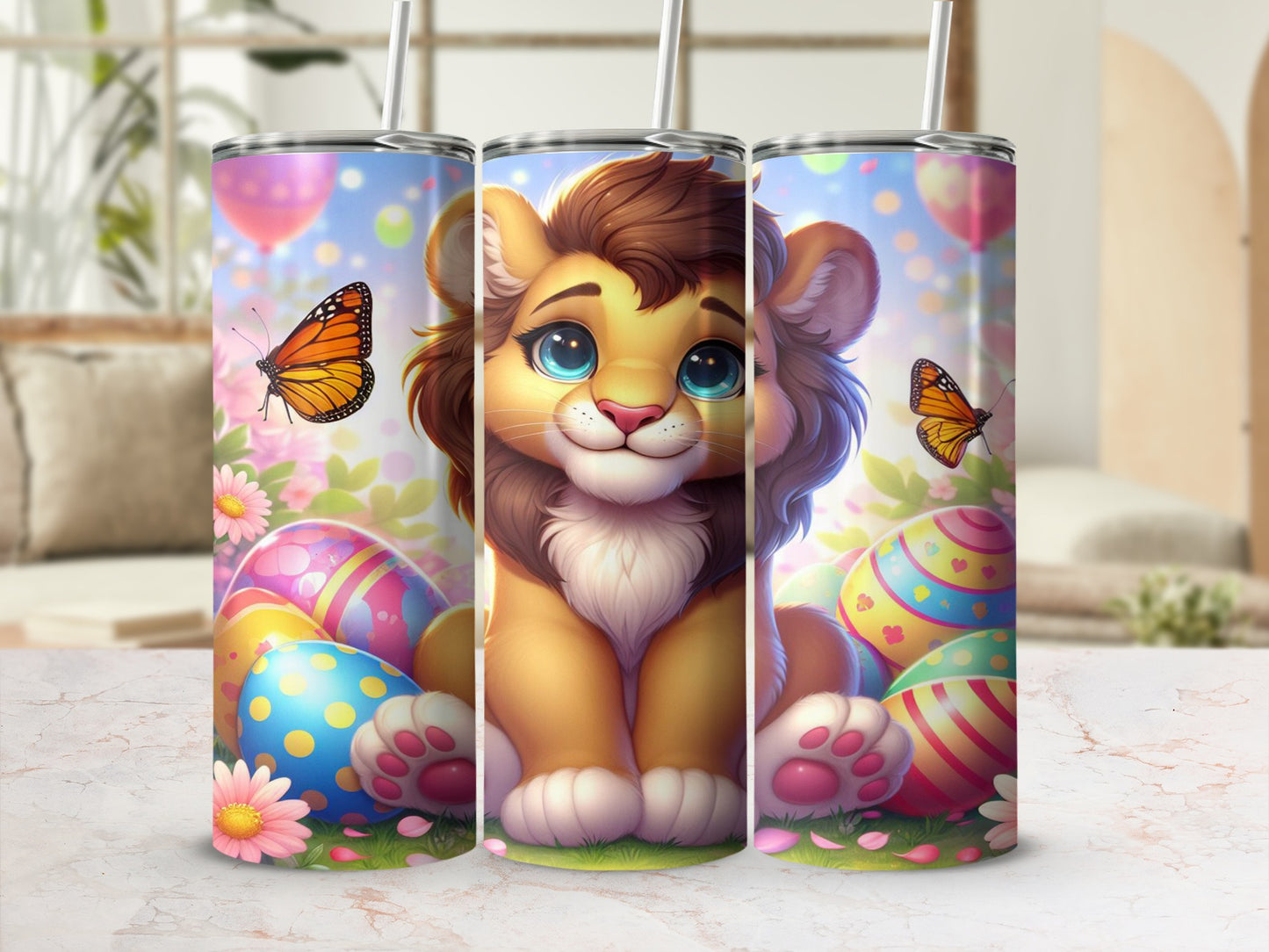 Cute lion cub surrounded by Easter eggs and butterflies.