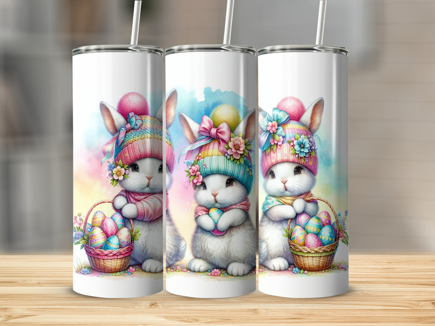 Three Easter bunnies in colorful hats hold baskets of Easter eggs.