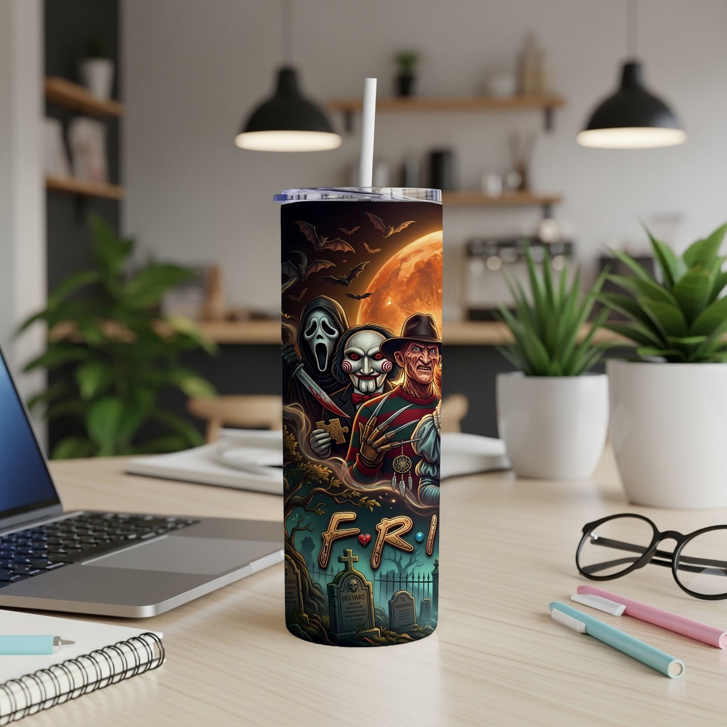 Tumbler featuring horror characters Ghostface, Jigsaw, and Freddy Krueger with "FRI" text.