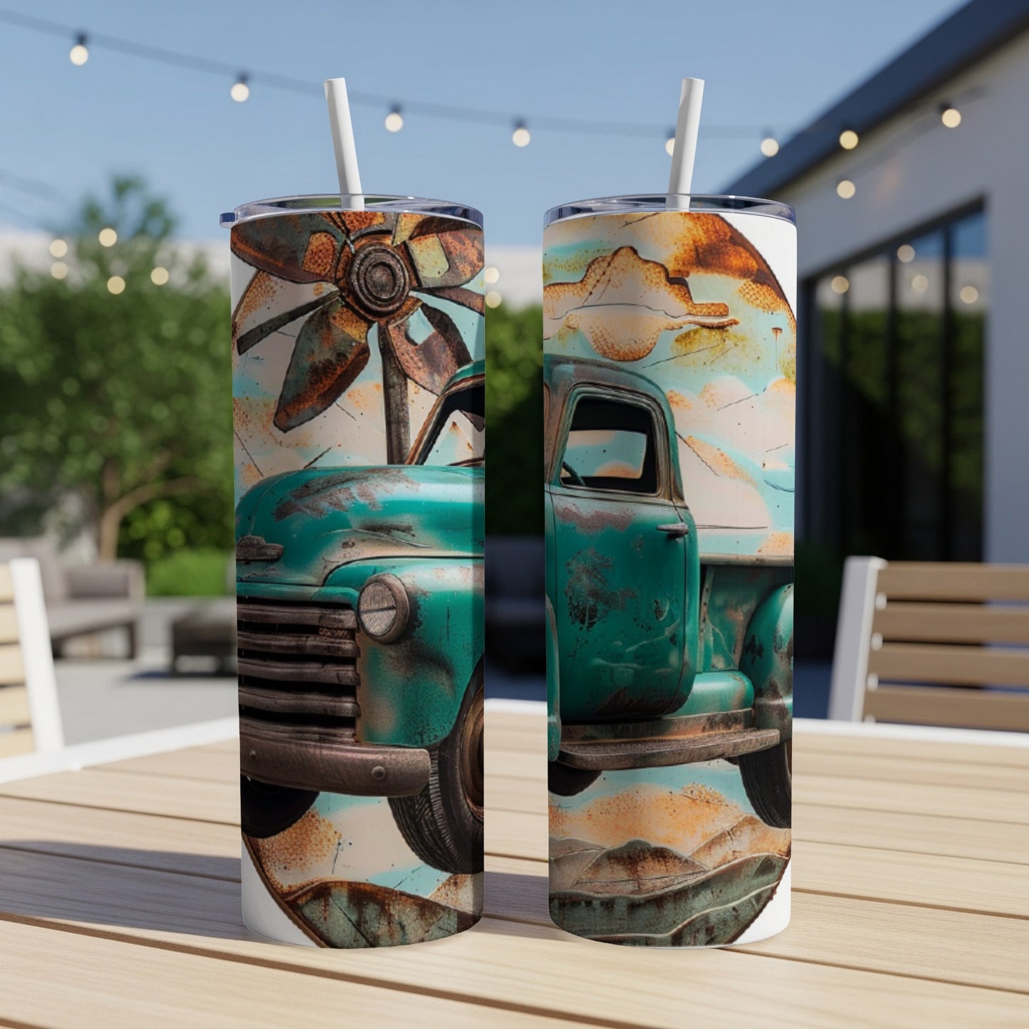 Teal vintage truck with windmill, rustic landscape design on two tumblers.