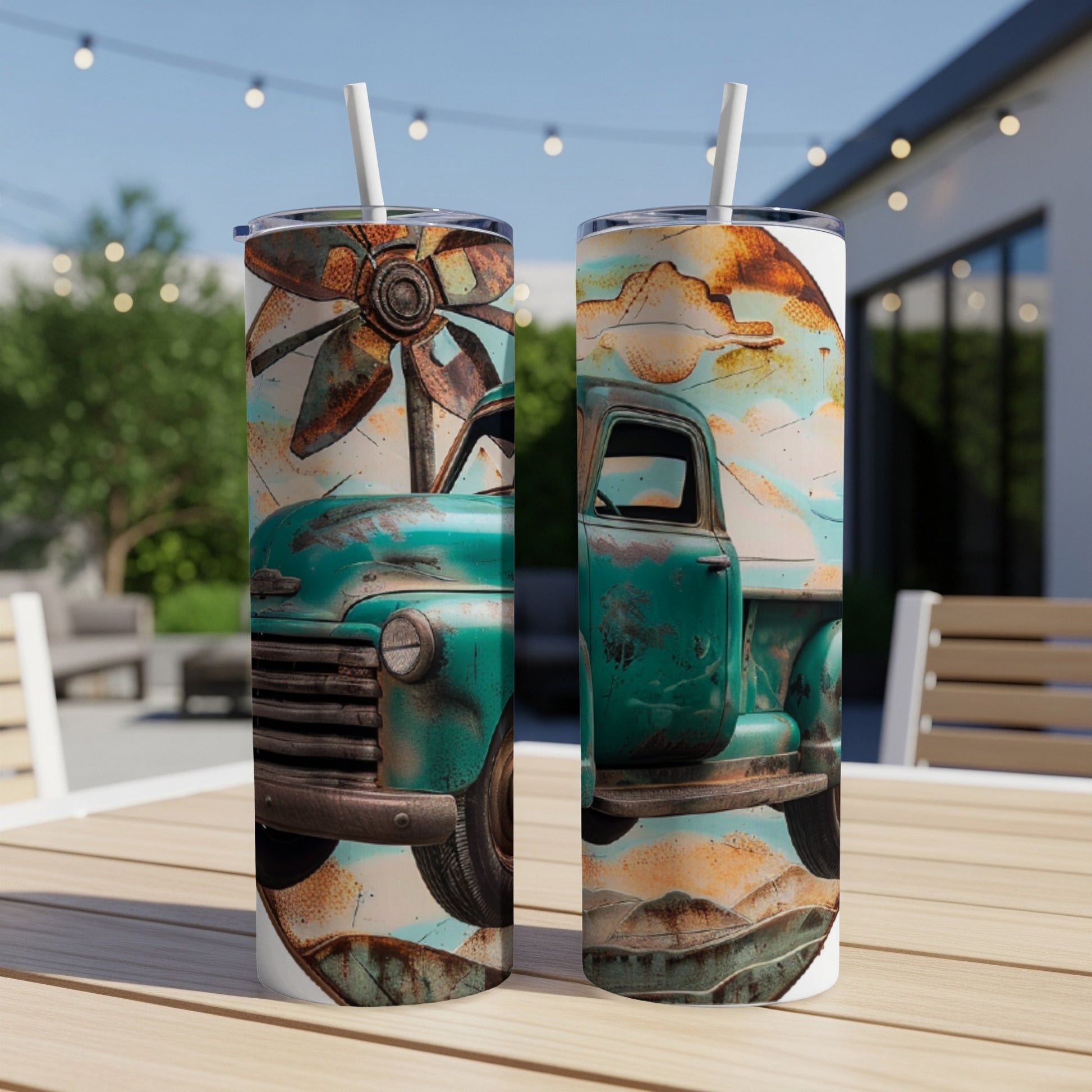 Teal vintage truck with windmill, rustic landscape design on two tumblers.