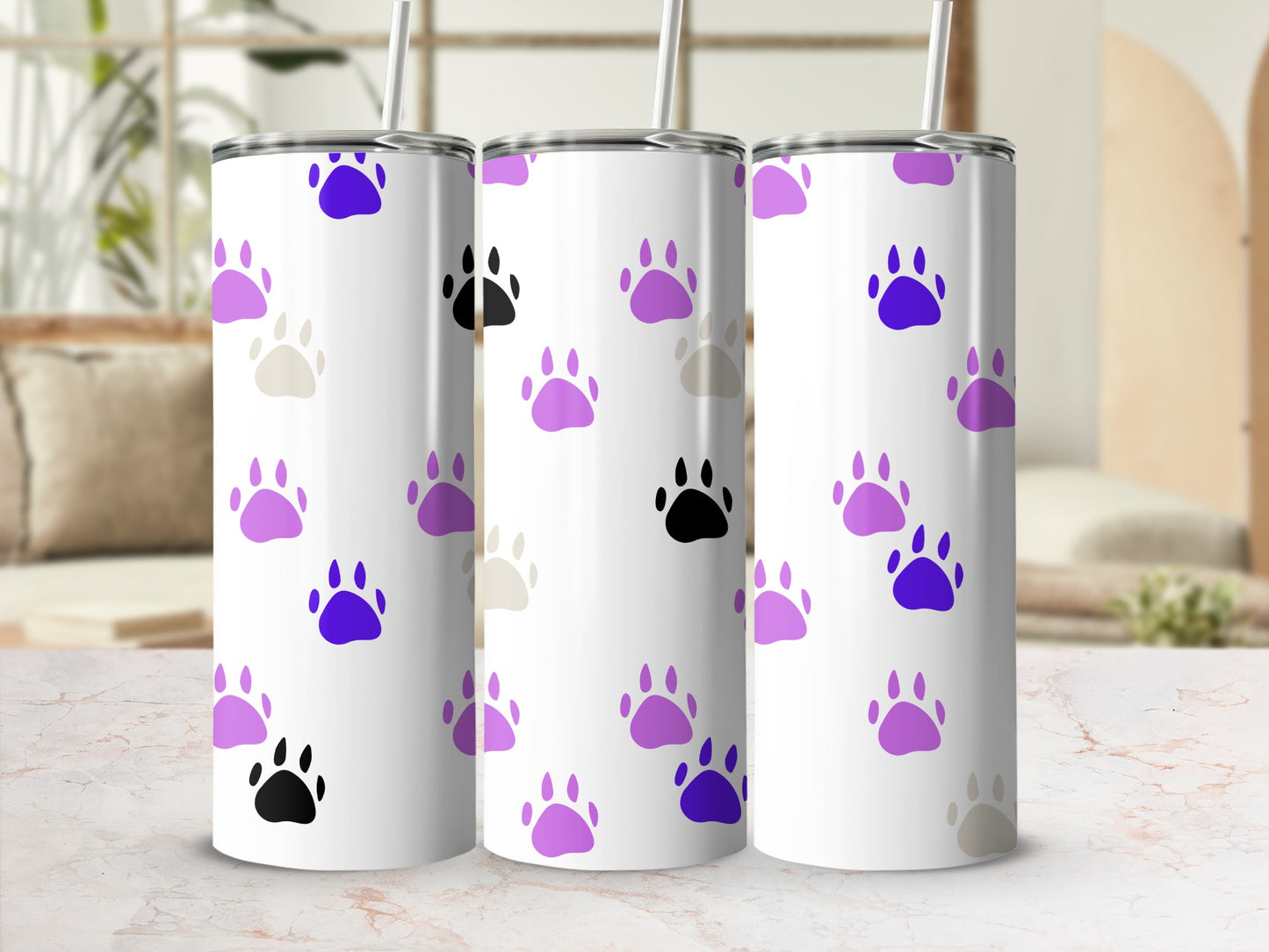 Colorful Paw Print Stainless Steel Tumbler with Straw
