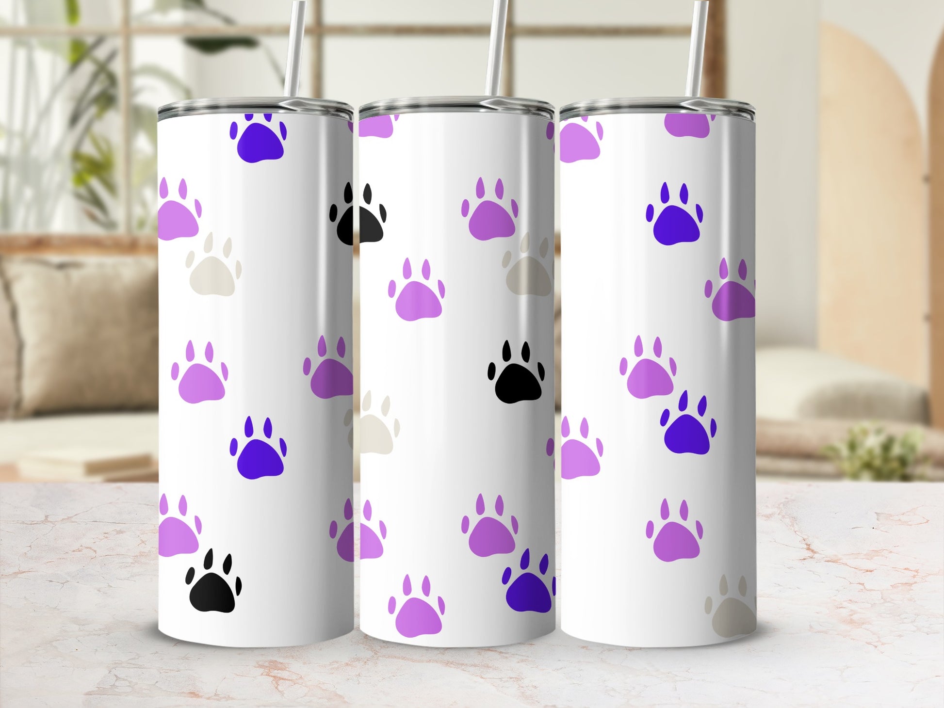 Colorful Paw Print Stainless Steel Tumbler with Straw
