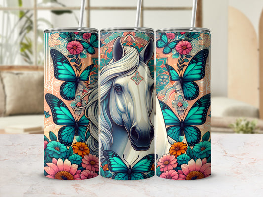 Three tall tumblers with a white horse, butterflies, and flowers.