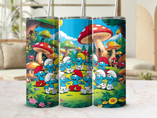 Smurfs in a colorful mushroom forest scene on a metal tumbler.