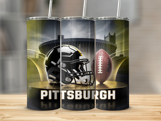 Pittsburgh Steelers helmet and football on stadium background.