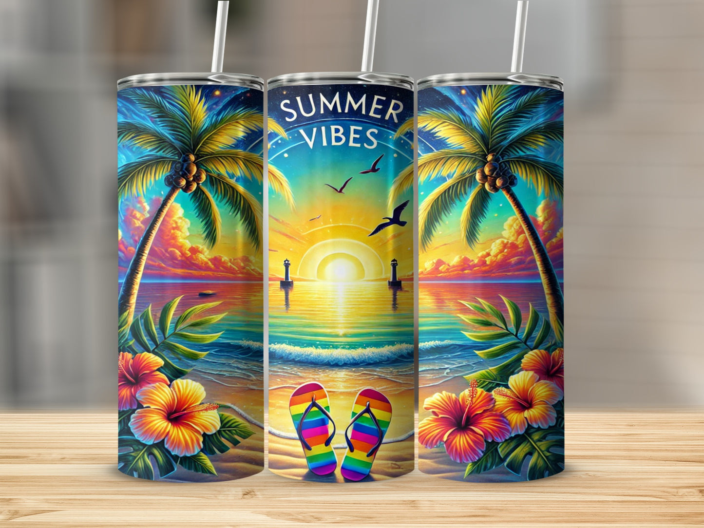 Summer Vibes Tropical Beach Design Tumbler Product