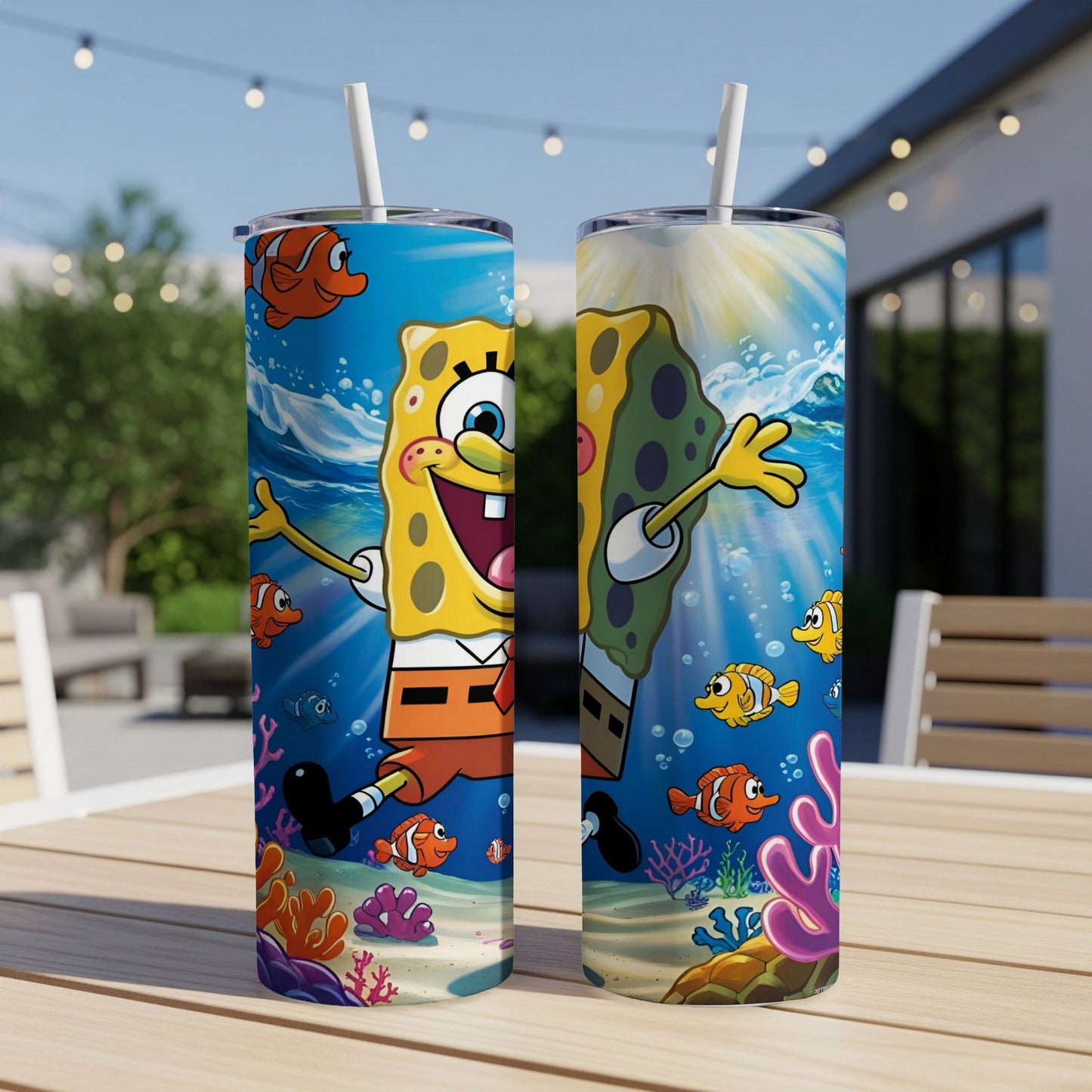 SpongeBob SquarePants on a tumbler with underwater scene.