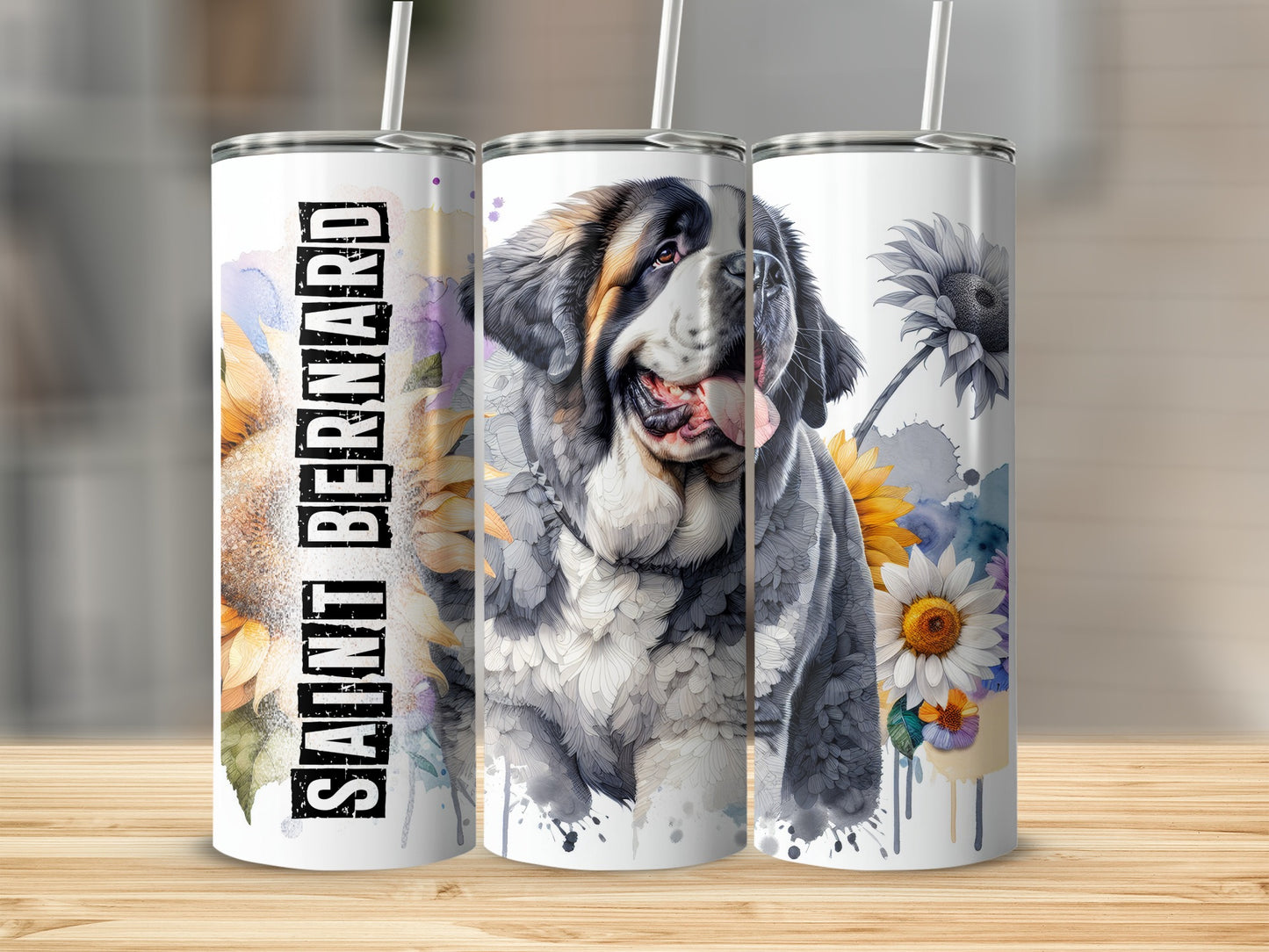 Saint Bernard dog with sunflowers and floral watercolor accents on three tumblers.
